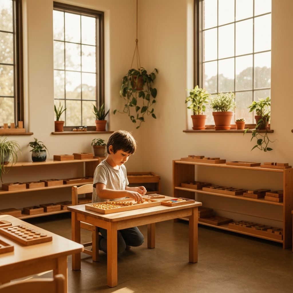 Child engaged with Montessori materials in a warm, nurturing learning environment